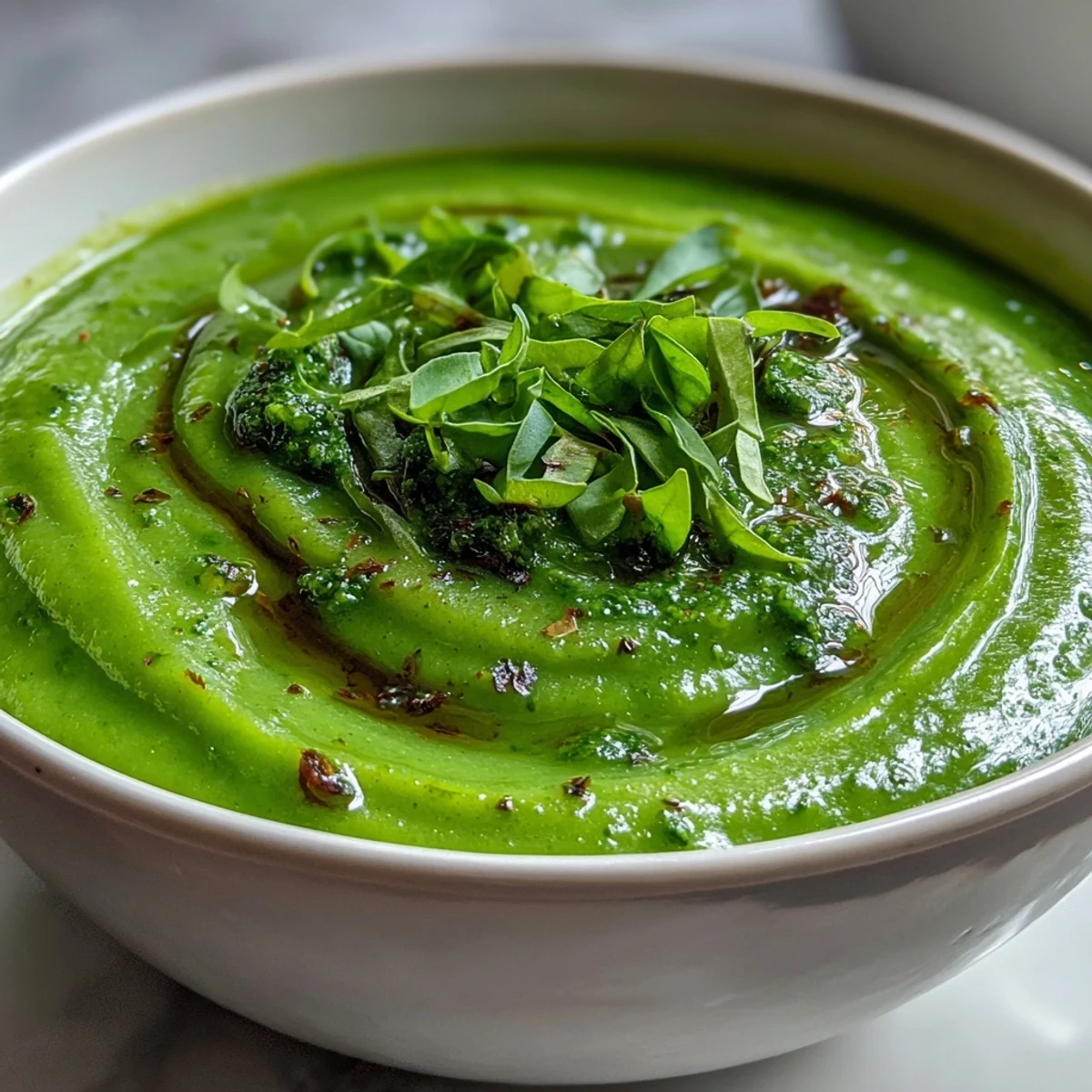 A vibrant green bowl of Courgette, Pea and Pesto Soup served with rustic crusty bread.