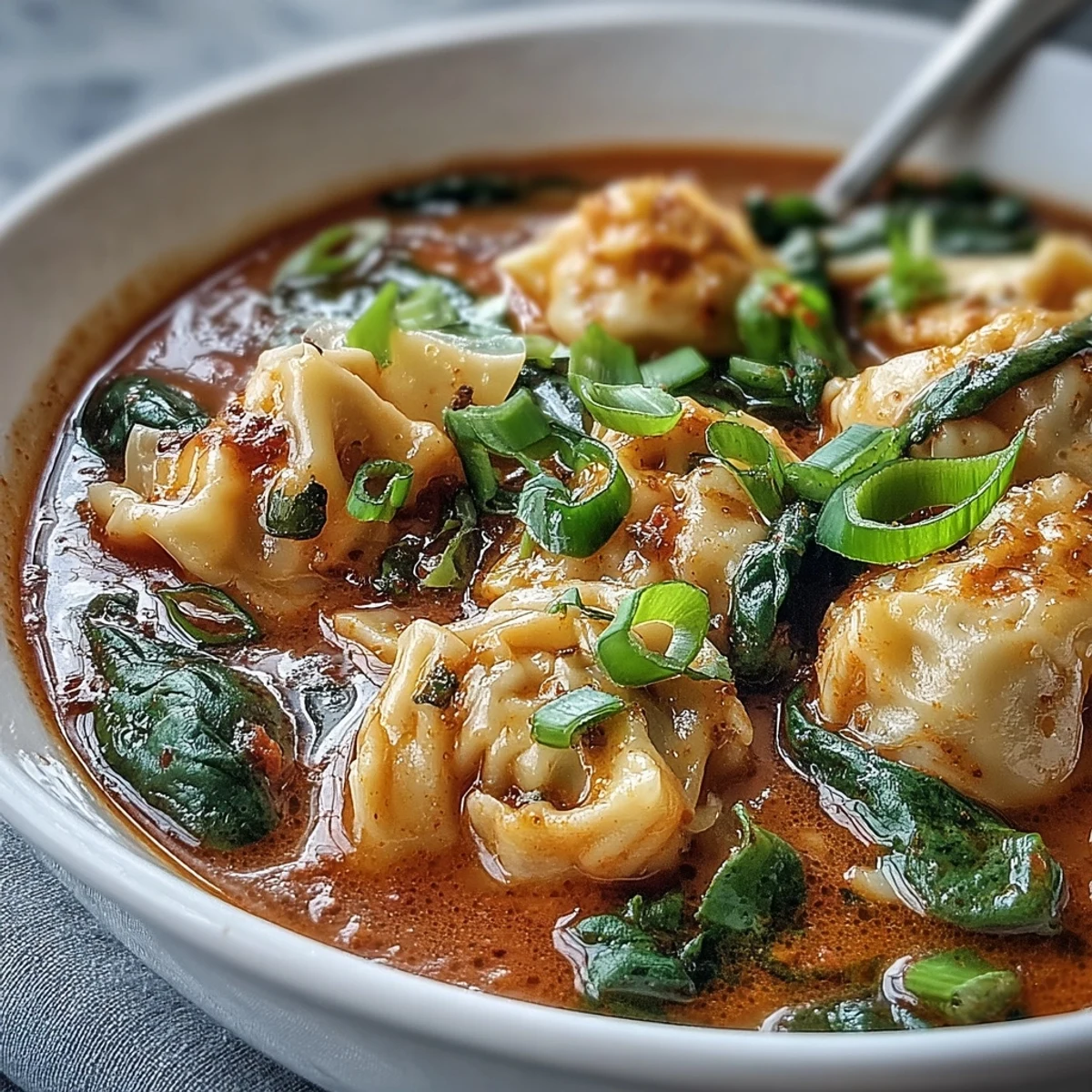 Red curry wonton soup with greens steaming in a bowl, wontons floating in creamy broth, fresh spinach and snow peas adding color.