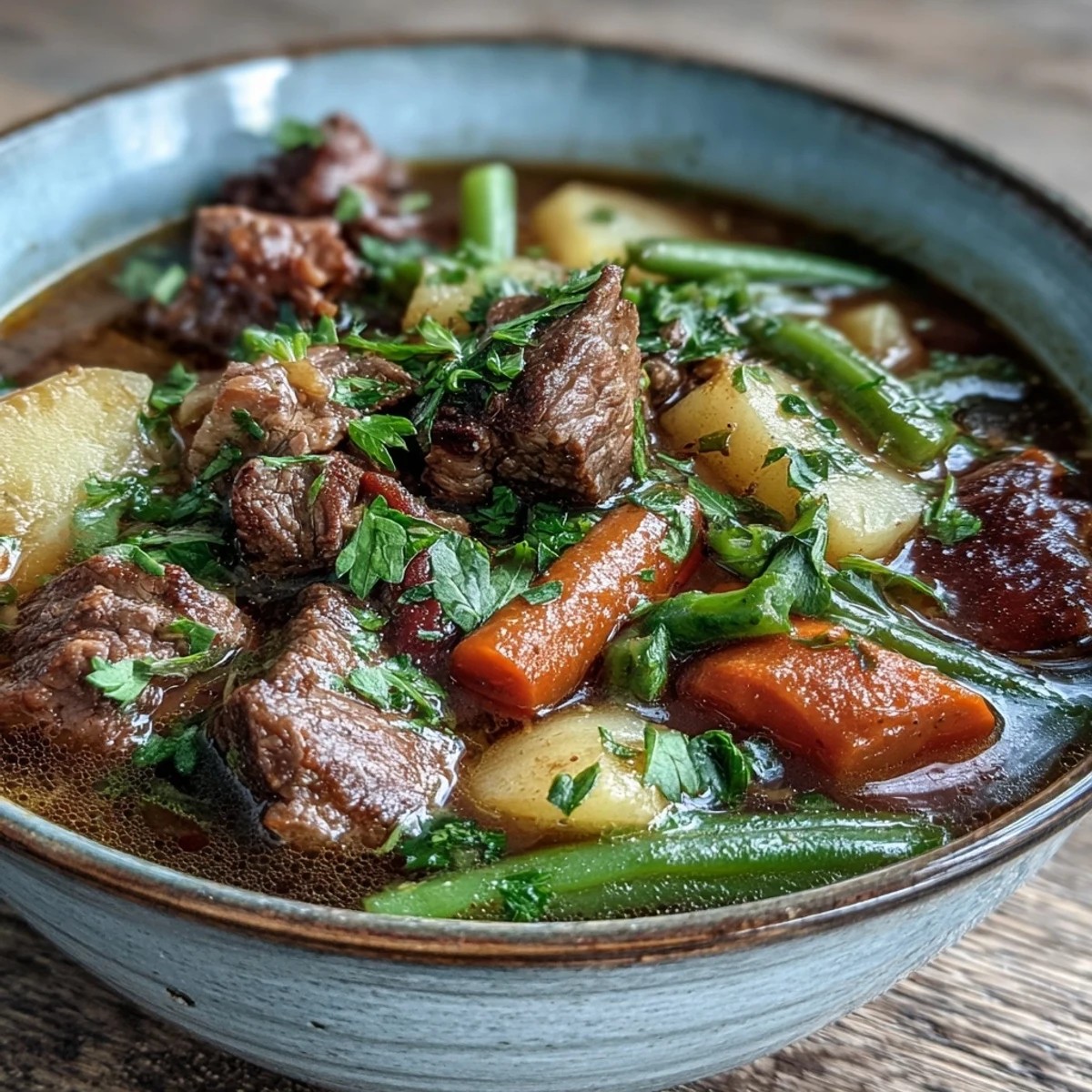Hearty beef and vegetable soup with tender beef cubes, carrots, and potatoes, served steaming hot in a rustic bowl.