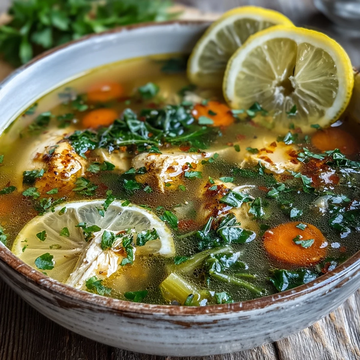 Golden turmeric and tender chicken swim in this High Protein Lemon and Turmeric Chicken Soup, garnished with fresh baby kale.