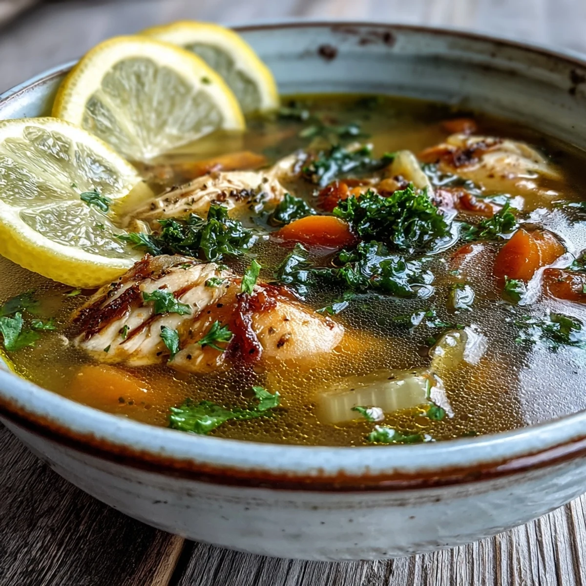 Steam rises from a warm bowl of High Protein Lemon and Turmeric Chicken Soup, featuring bright lemon zest and tender chicken pieces.