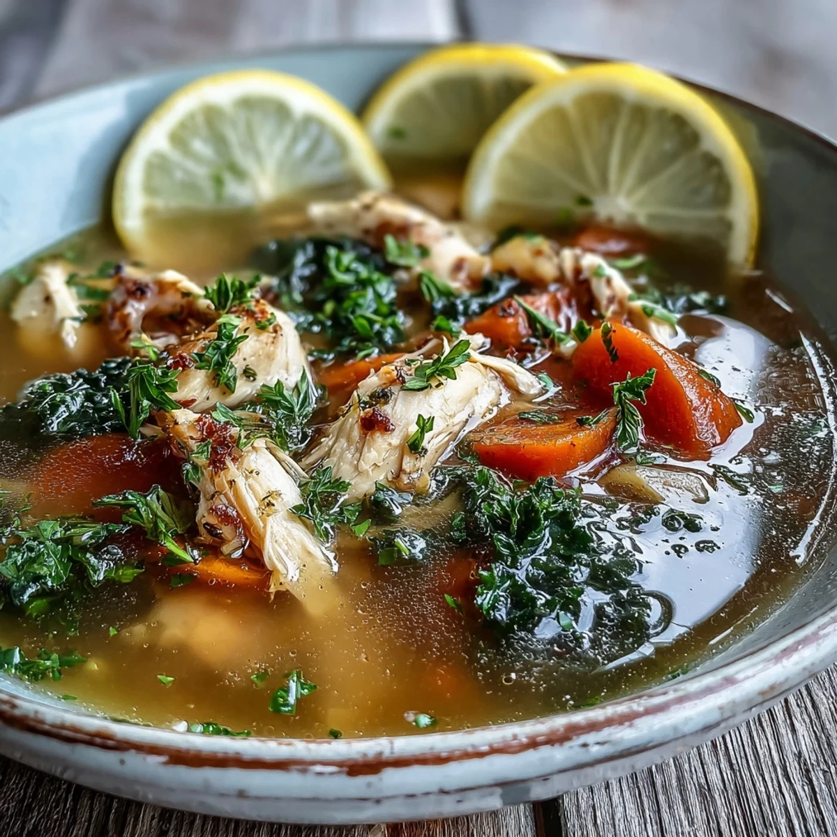 Served with a lemon wedge and spoon, this High Protein Lemon and Turmeric Chicken Soup showcases a vibrant, golden broth.
