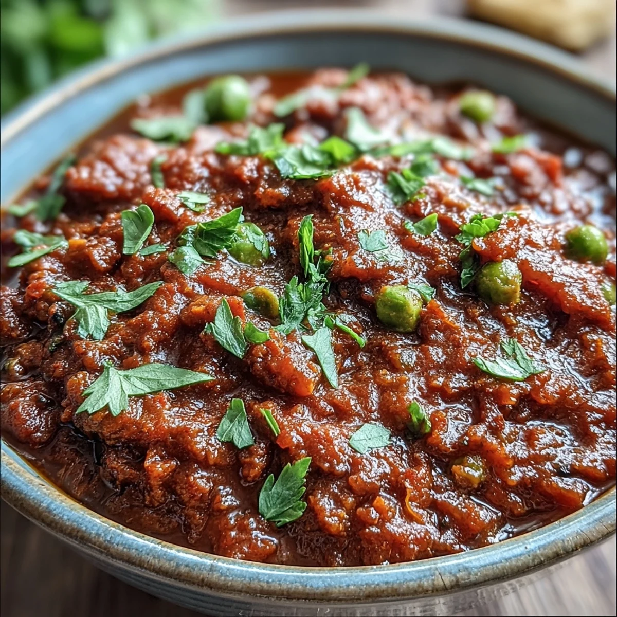 A steaming bowl of Venison Keema Curry topped with fresh cilantro and a lemon wedge, served alongside fluffy basmati rice for a complete meal.