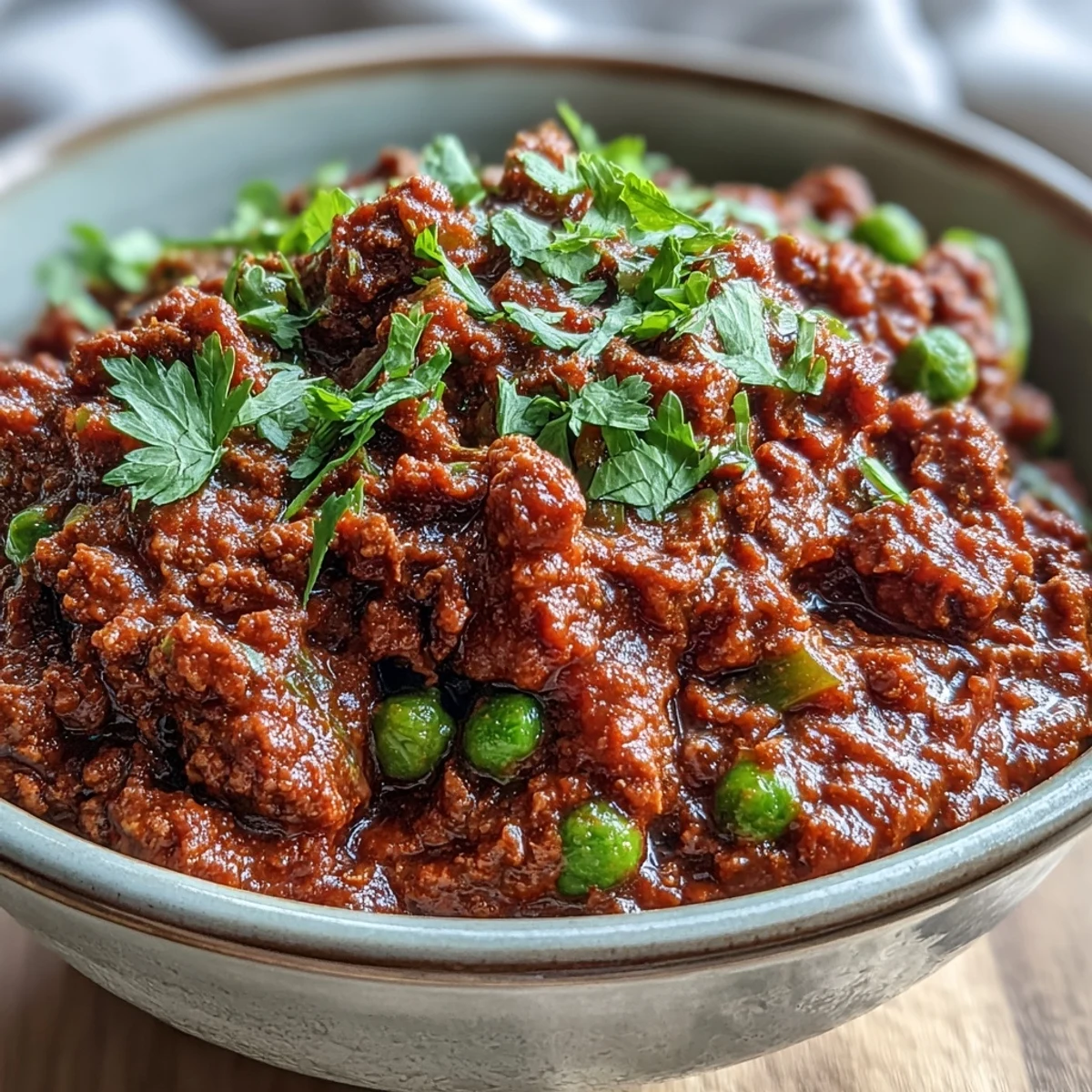 The aromatic spices of Venison Keema Curry simmer in a rich sauce, with tender ground venison and vibrant green peas visible in the skillet.