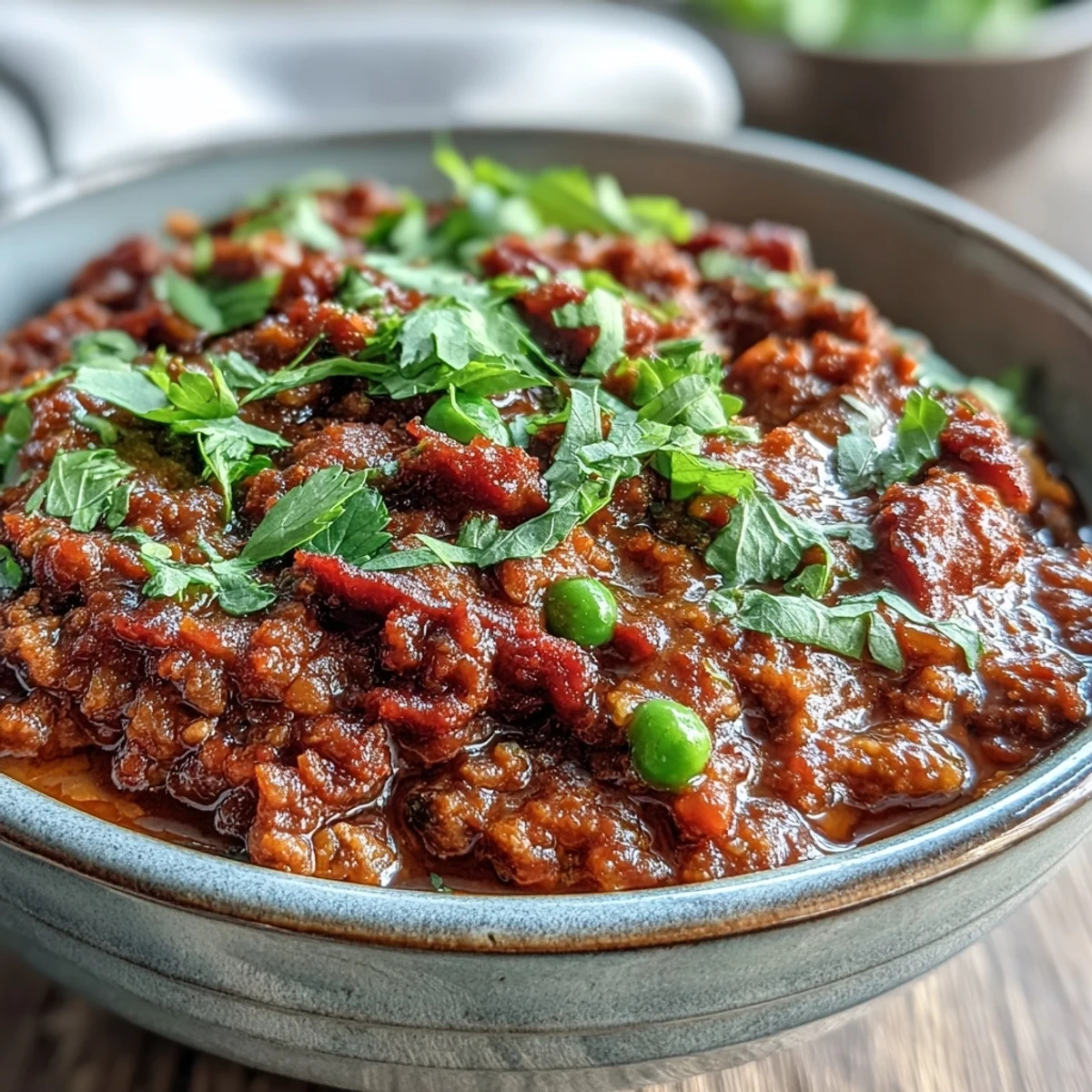 A close-up of rustic Venison Keema Curry revealing the texture of seasoned meat and peas, ready to be scooped up with warm naan.
