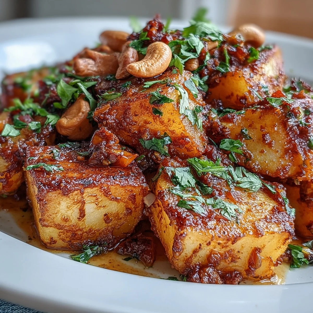 Golden roasted celeriac chunks glistening in a creamy coconut curry sauce, served over fluffy white rice.