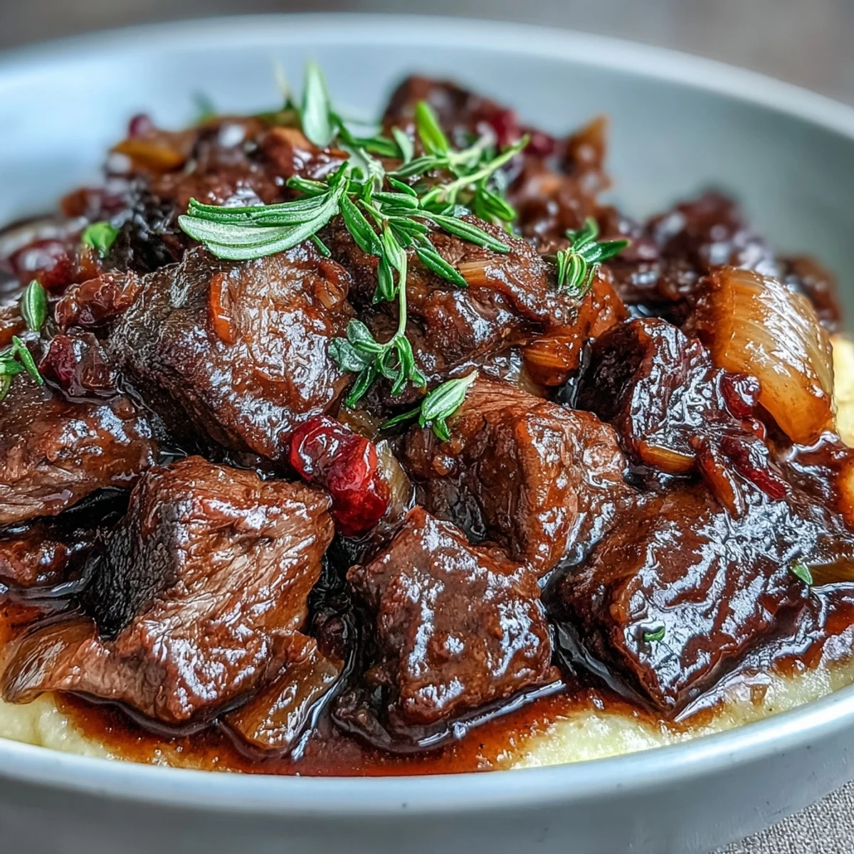 A close-up of Venison Stew with Sloe Gin and Polenta, showcasing deep burgundy sauce and savory steam rising.