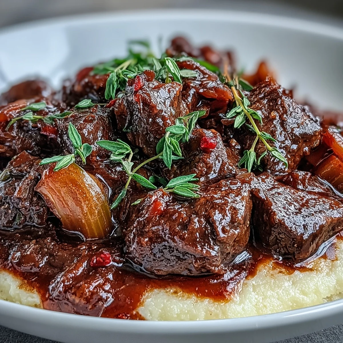 Golden, cheesy polenta serves as the bed for this hearty Venison Stew with Sloe Gin, garnished with fresh thyme.