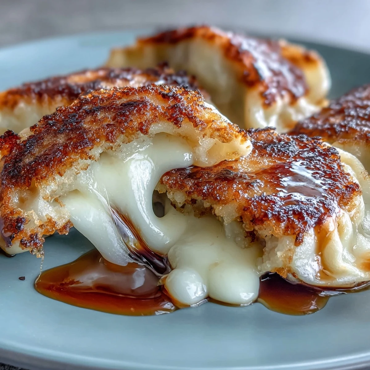 Chīzu Imomochi bites with crispy edges, drizzled in savory glaze for an appetizer.