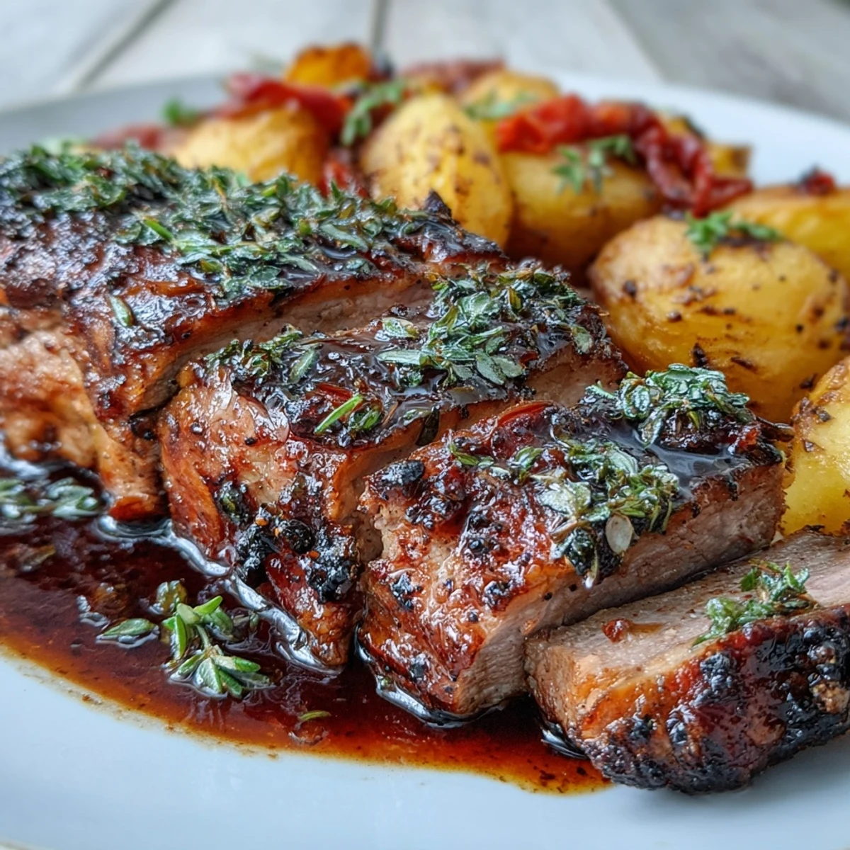 Golden-brown Marinated Ibérico Pork Fillet sliced beside crispy roasted potatoes and tender red peppers.
