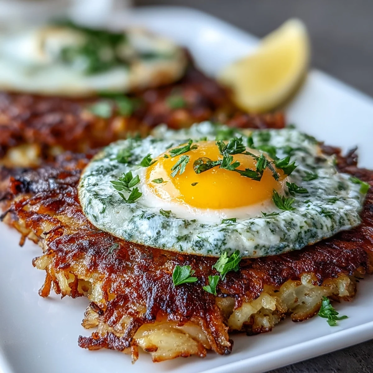 Crispy celeriac rösti, creamy harissa yogurt, and a sunny-side-up egg plated for a delicious vegetarian meal.