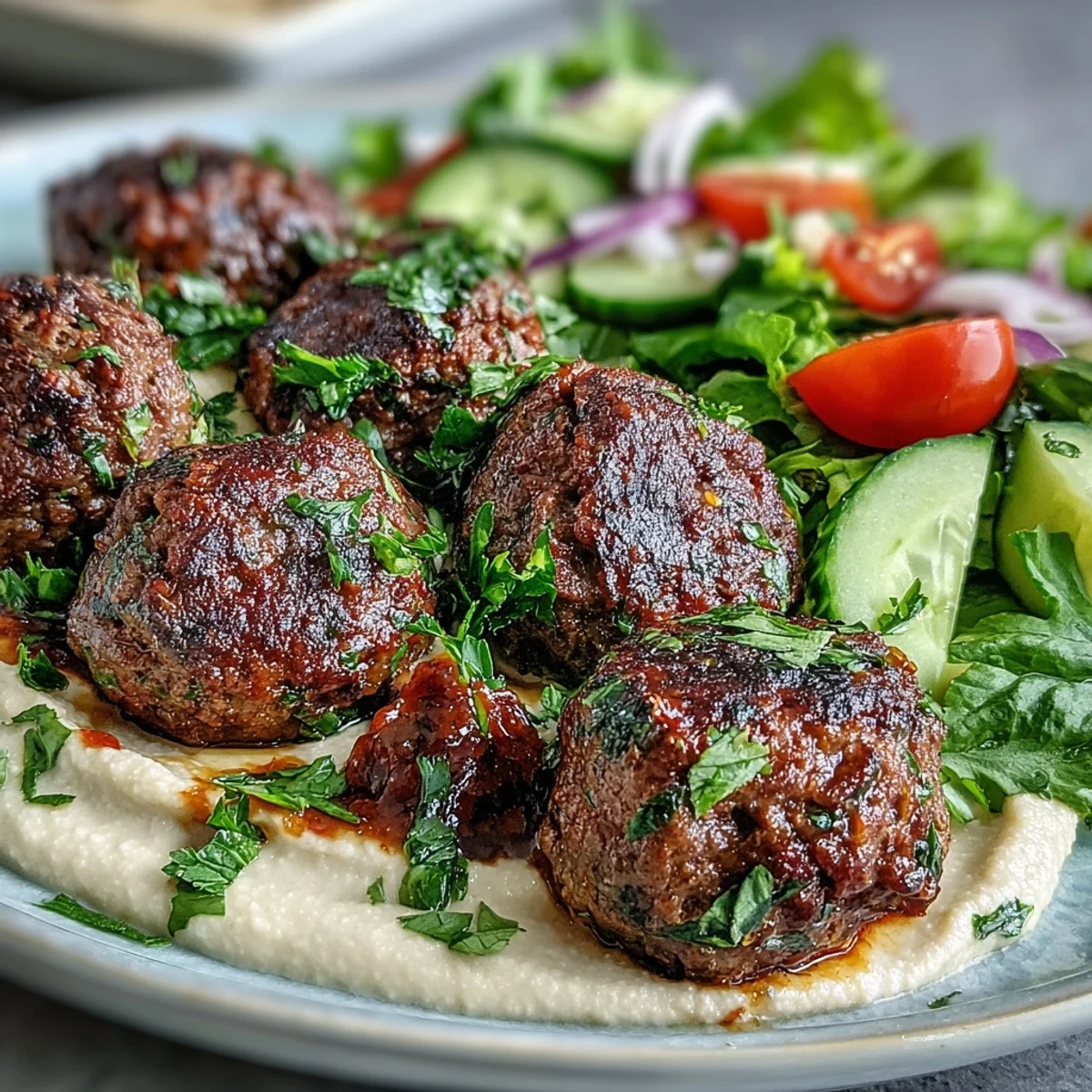 Golden-brown venison meatballs with spiced salad and hummus on a rustic plate.