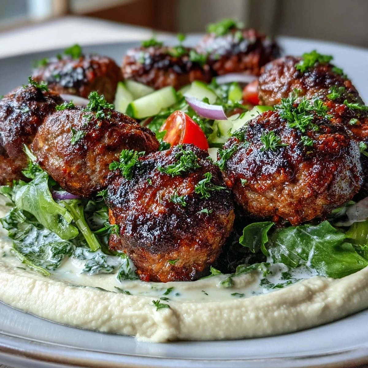 Cumin-seasoned venison meatballs rest beside a crisp salad and creamy hummus drizzle.