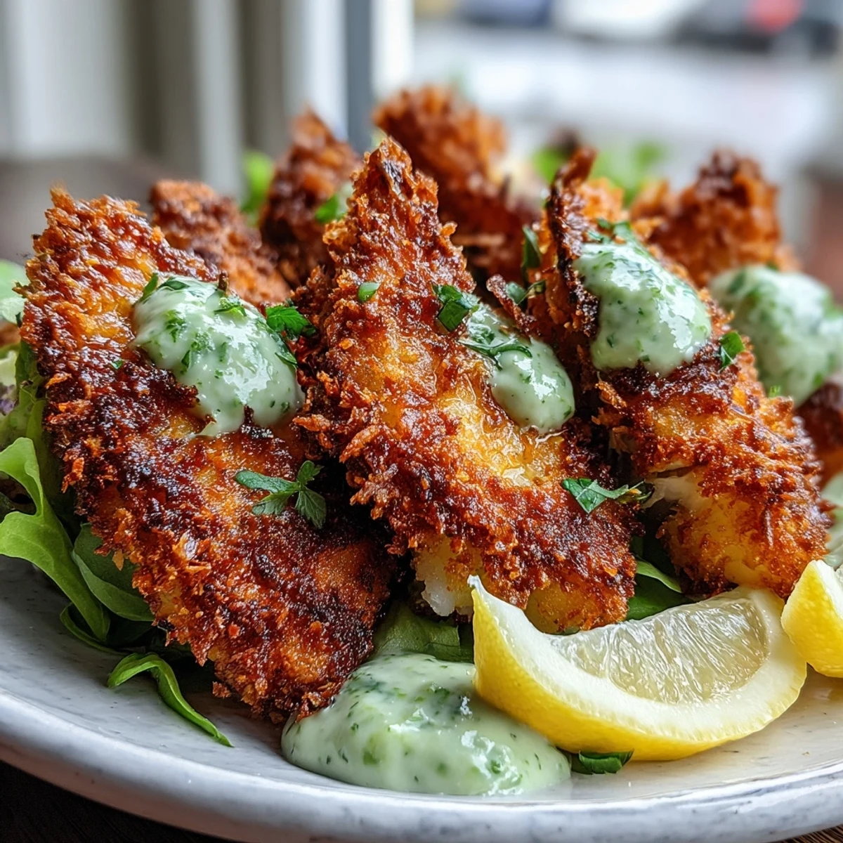 Golden Haddock Goujons With Parmesan Crust served atop a fresh salad with lemon wedges and a rustic bowl of pea pesto.