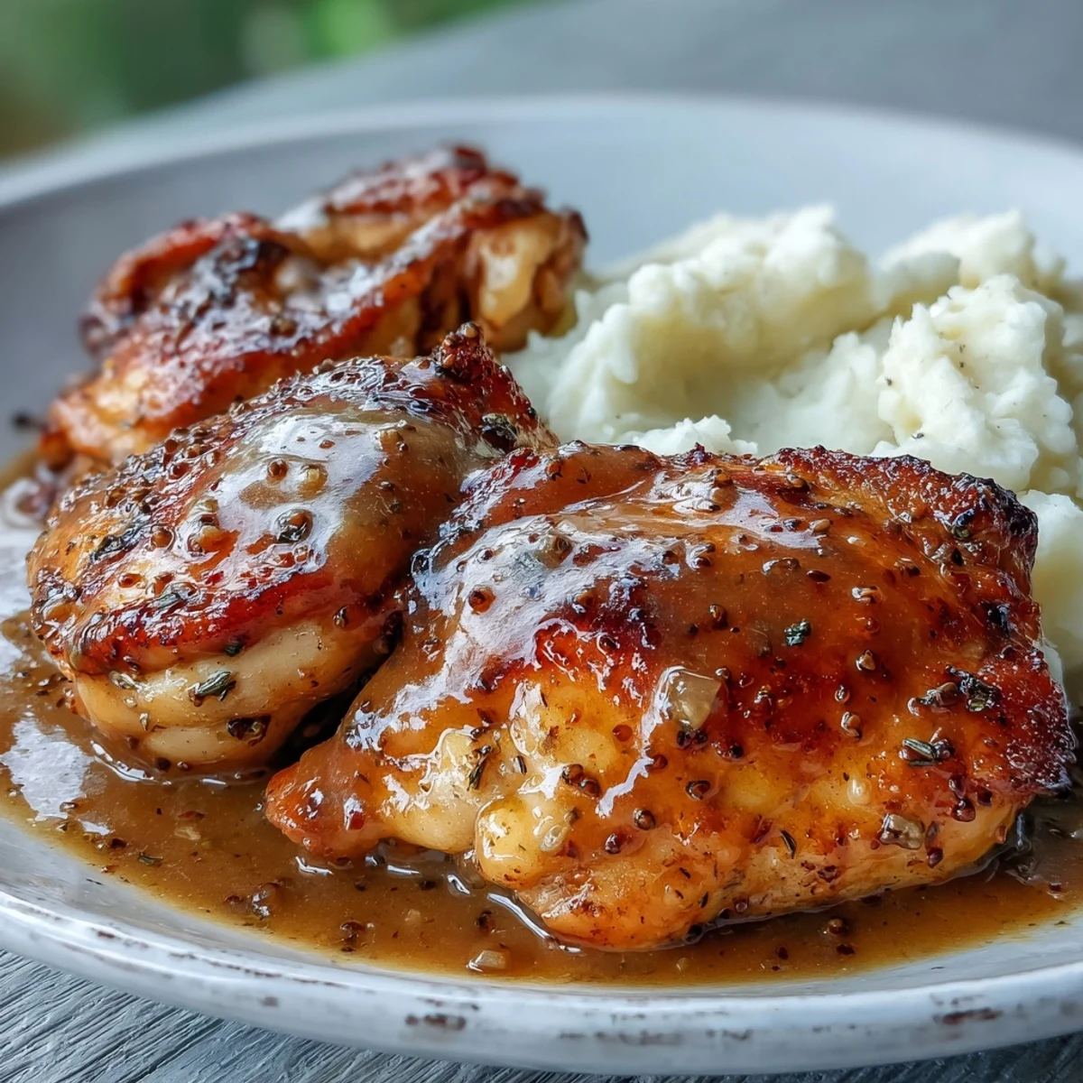 Tender Slow Cooker Honey Mustard Chicken in a velvety, sweet-and-tangy sauce, garnished with fresh herbs and ready to serve over mashed potatoes.