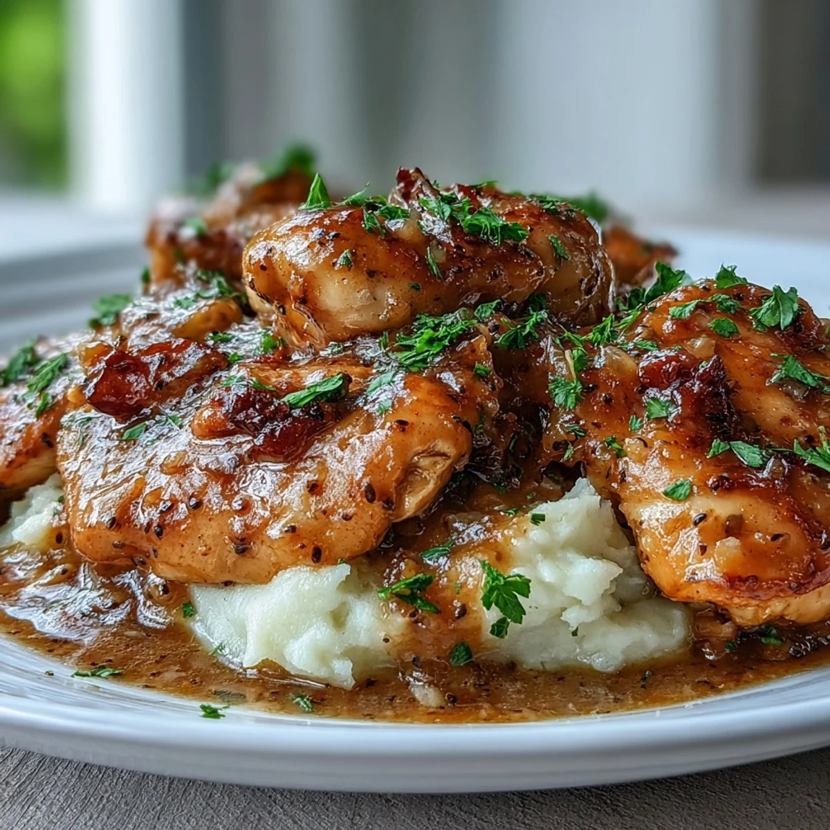 Slow Cooker Honey Mustard Chicken resting in a rich, bubbling sauce, garnished with fresh thyme for a comforting family dinner.