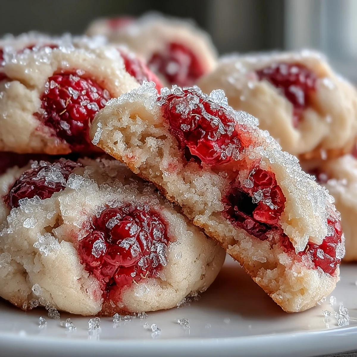 Freshly baked chewy raspberry sugar cookies with a pink sugar coating and tender crumb, served on a white plate. 