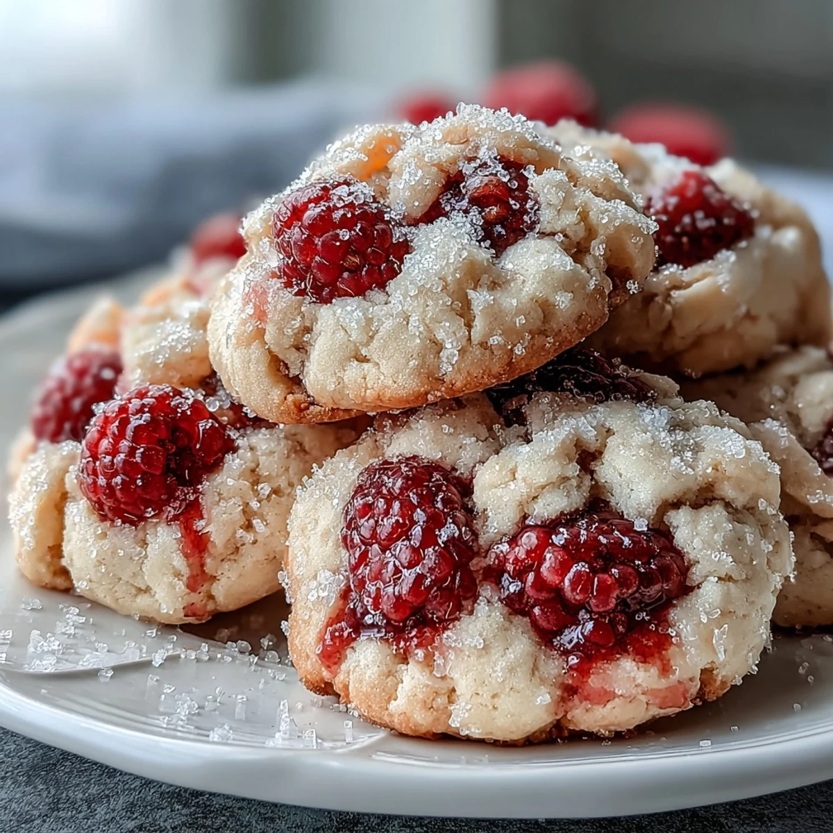 Warm chewy raspberry sugar cookies with ruby-red raspberries peeking from a sparkly crust, perfect for afternoon tea.