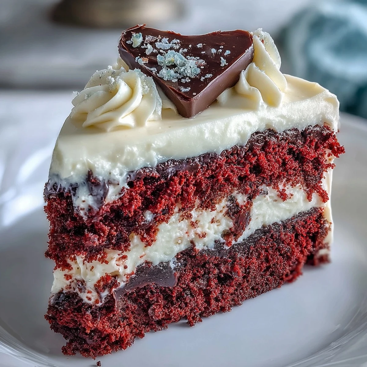 The finished Red Betty Boop Heart Cake, featuring vibrant red velvet layers and smooth cream cheese frosting, is topped with a crisp dark chocolate silhouette and red sugar pearls for a retro, playful look. 