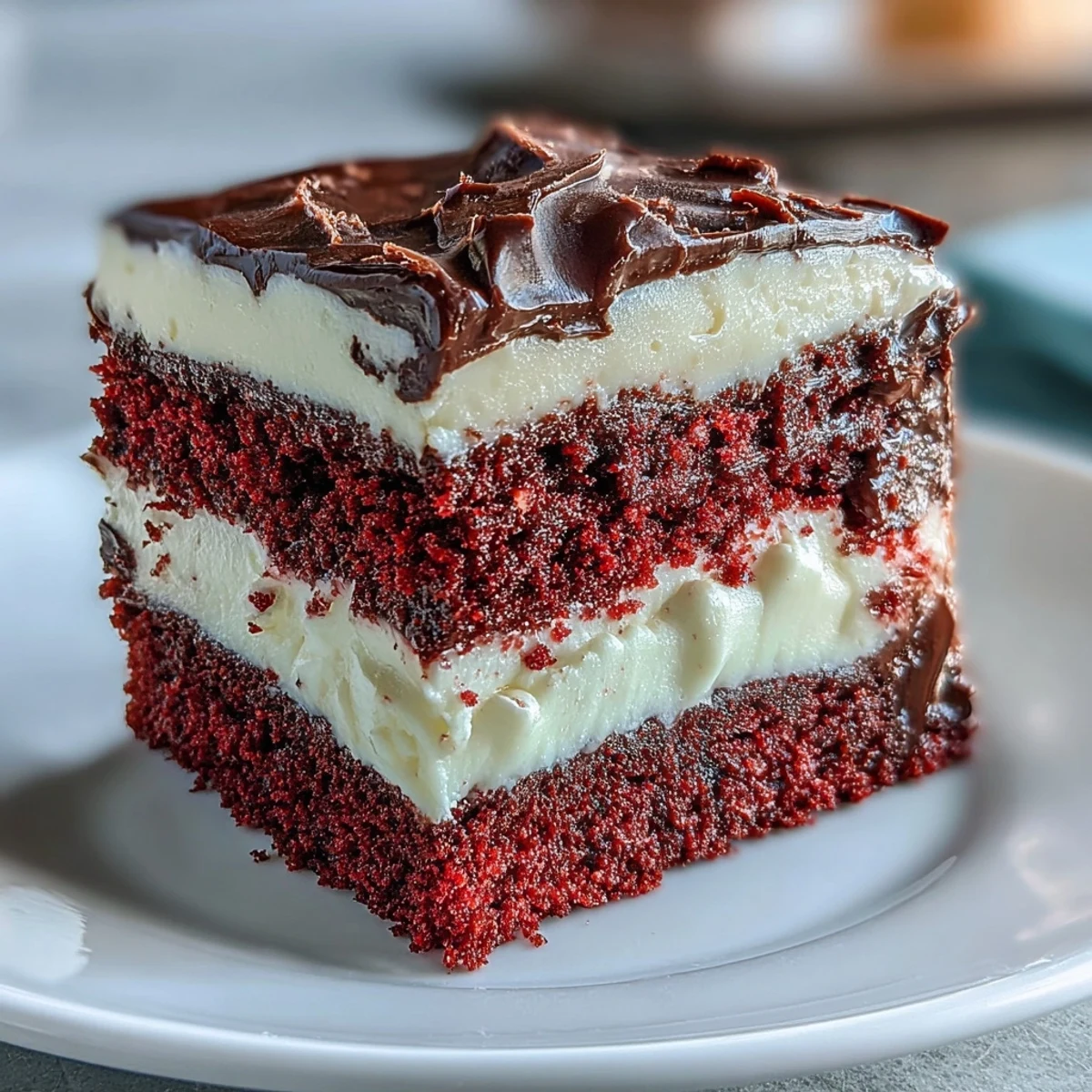 Two slices of red velvet heart cake on white plates, showing the soft crumb and tangy cream cheese frosting, with a vintage black-and-white Betty Boop chocolate piece on the side. 