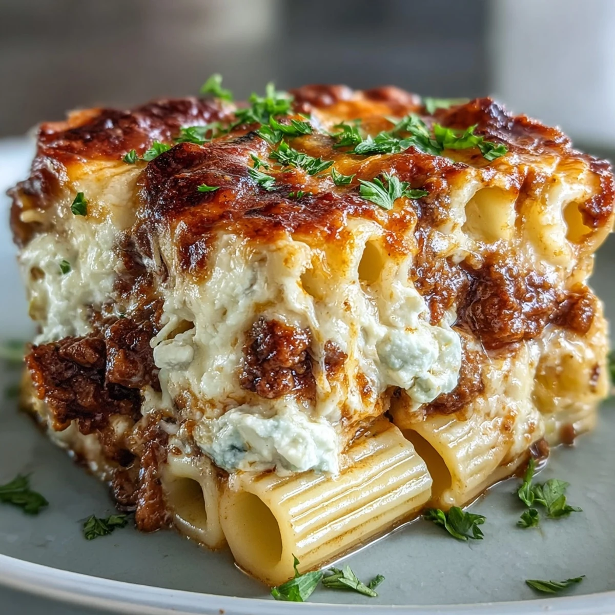 Spoon a generous serving of this hearty Cottage Cheese Protein Pasta Bake with ground beef onto a white plate next to garlic bread.
