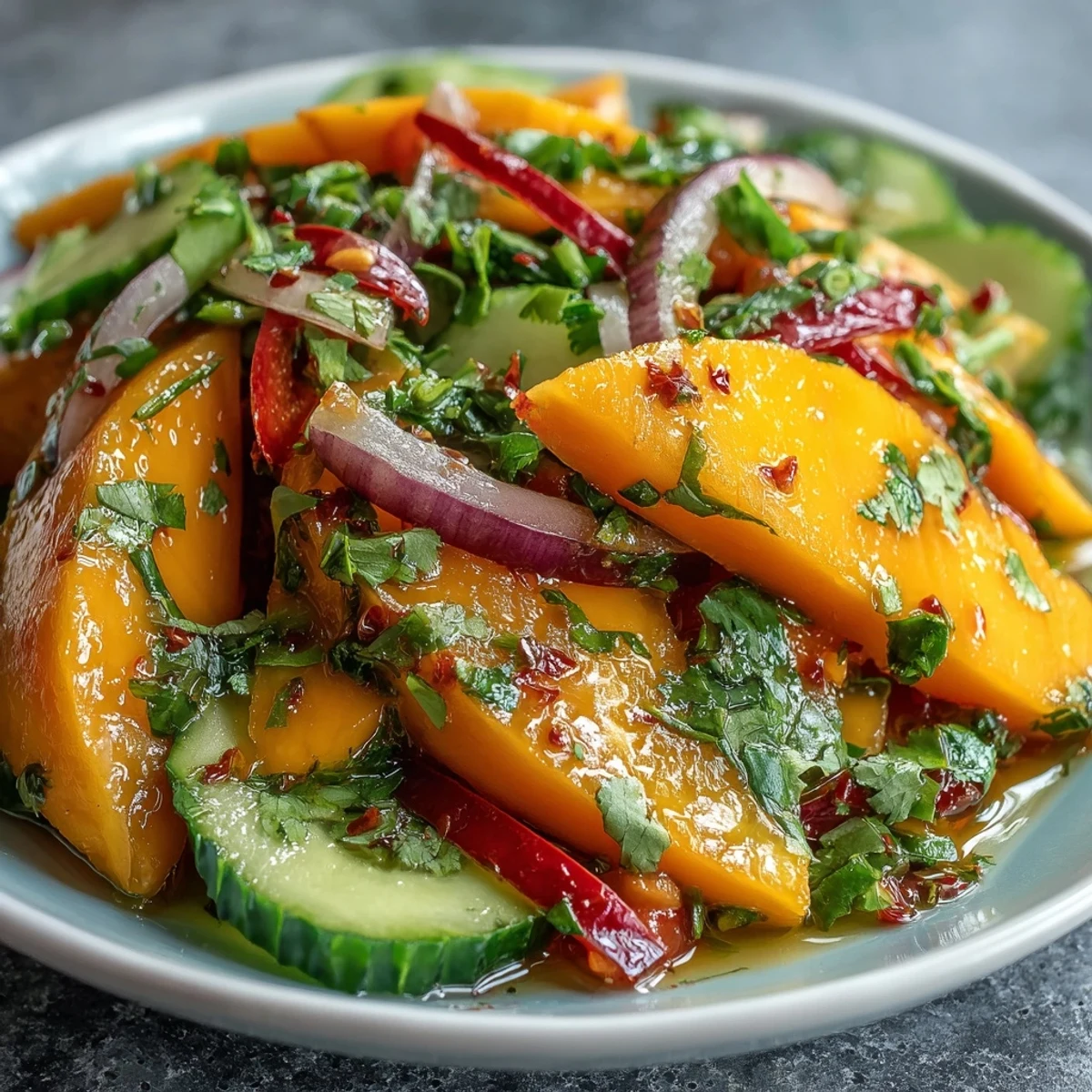 Thai-inspired Refreshing Mango Salad with lime-honey dressing, red onion, and optional chilies, ready to serve after a quick toss.