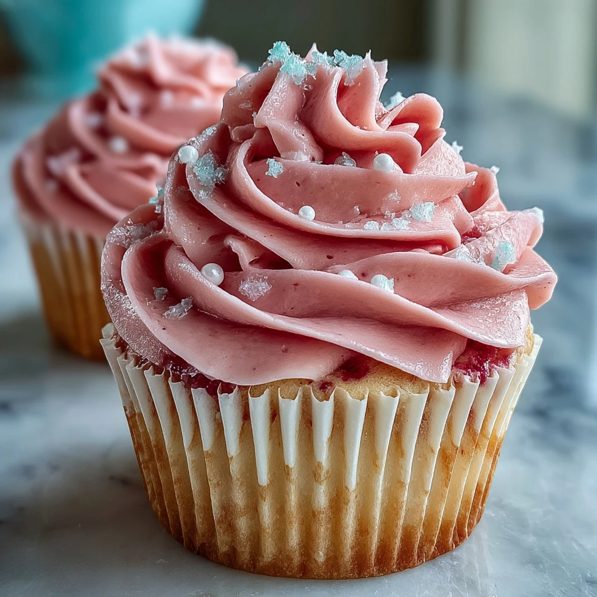 Freshly baked Pink Velvet Cupcakes with vanilla buttercream frosting on a marble board. 