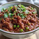 The aromatic spices of Venison Keema Curry simmer in a rich sauce, with tender ground venison and vibrant green peas visible in the skillet.