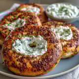 High-Protein Bagels with Greek Yogurt Everything Dip - golden bagels topped with everything seasoning, served with creamy Greek yogurt dip.  