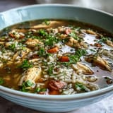 Warm bowl of chicken and rice soup with tender chicken, fresh vegetables, and aromatic broth in a rustic pot.