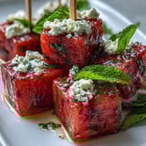 Colorful watermelon feta mint skewers with aromatic herbs, perfect for refreshing party snacks or light Mediterranean appetizers.  