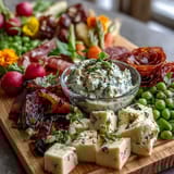 Fresh and colorful spring charcuterie board featuring radishes, peas, and herb dip alongside meats, cheeses, and crisp vegetables.