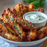 Golden brown pickle fries, hot from the air fryer, ready for dipping.