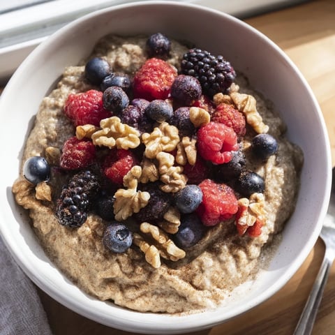 Creamy millet porridge topped with vibrant mixed berries, cinnamon, and toasted nuts for a cozy breakfast.  