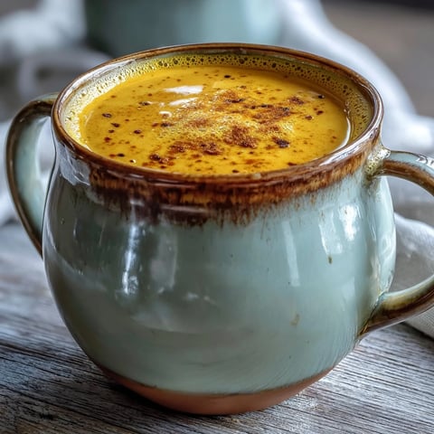 Creamy golden milk with turmeric and ginger steaming in a white ceramic mug, served with a cinnamon stick and honey on the side.