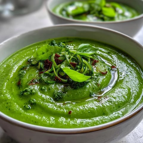 Creamy Courgette, Pea and Pesto Soup garnished with fresh basil in a white bowl.