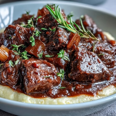 Creamy polenta topped with tender venison stew, featuring aromatic vegetables and a rich, glossy sloe gin sauce.