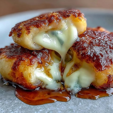 Golden-brown pan-fried Chīzu Imomochi glazed in sticky soy-honey sauce, served warm with sesame seeds.