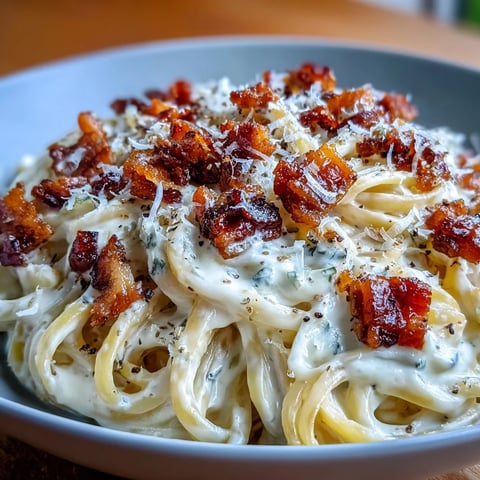 Golden, creamy Celeriac Carbonara with crispy pancetta and grated Parmesan served warm in a rustic bowl.