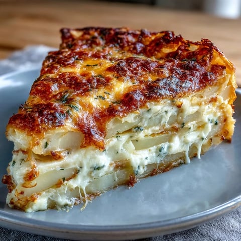 Golden, bubbly Cheese and Potato Pie with melted Gruyère and cheddar, fresh chives garnish on a rustic table.