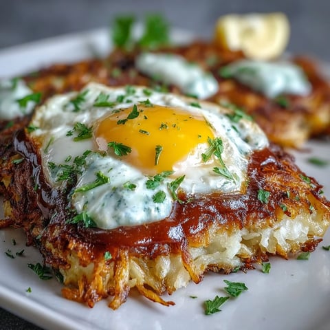 Golden-brown celeriac rösti with a dollop of spicy harissa yogurt and a fried egg, perfect for a savory brunch.