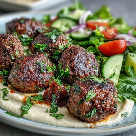 Golden-brown venison meatballs with spiced salad and hummus on a rustic plate.