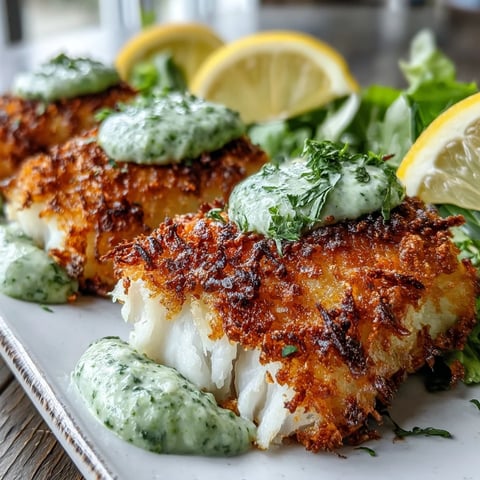 Golden-baked Haddock Goujons With Parmesan Crust are arranged on a plate beside a small bowl of green pea pesto and fresh lemon wedges.