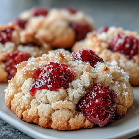 Soft chewy raspberry sugar cookies rest on a cooling rack, showing a sparkly sugar crust and bright berry bursts. 
