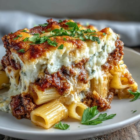 Golden-brown Cottage Cheese Protein Pasta Bake with Ground Beef emerges from the oven, featuring bubbly mozzarella and golden edges on the pasta.