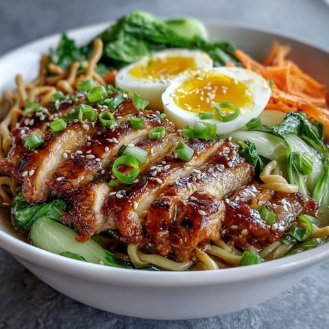 Healthy Miso Chicken Noodle Bowls feature tender sliced chicken, crisp bok choy, and chewy soba noodles, all steaming in a rich, golden broth.