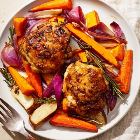 Aromatic Honey-Glazed Chicken with Roasted Root Vegetables, ready to serve, smells of thyme and honey.
