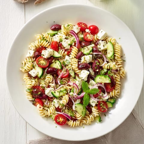 A bowl of Mediterranean Olive Oil and Feta Pasta Salad, showing fresh vegetables and creamy feta.