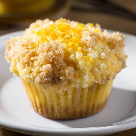 Fluffy Simple Sweet Lemon Zest Muffins with glistening sugar topping, ideal for a sweet treat.