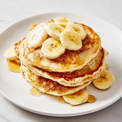 Stack of golden Weekend Golden-Brunch Banana Pancakes with sliced bananas, ready to enjoy.